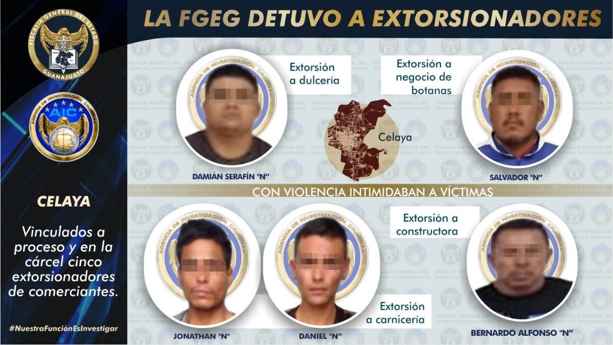 Capturan a cinco sujetos que extorsionaban a comerciantes en Celaya