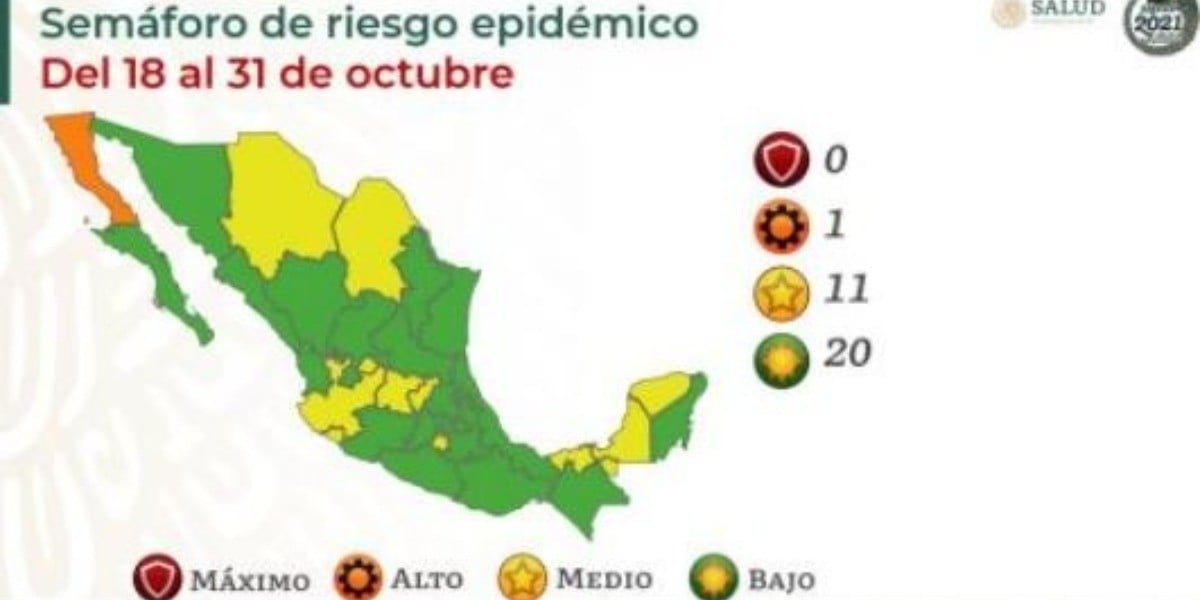 Mapa epidemiológico pone a 20 estados en verde