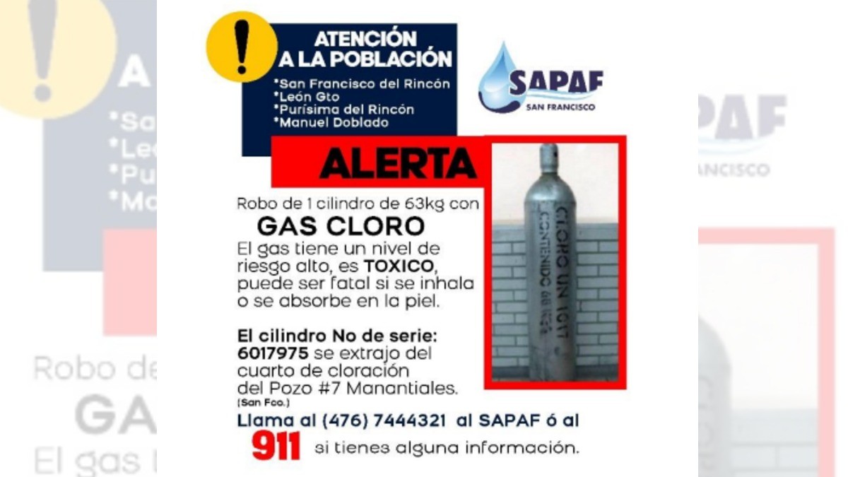 Alerta SAPAF por robo de tanque con gas-cloro