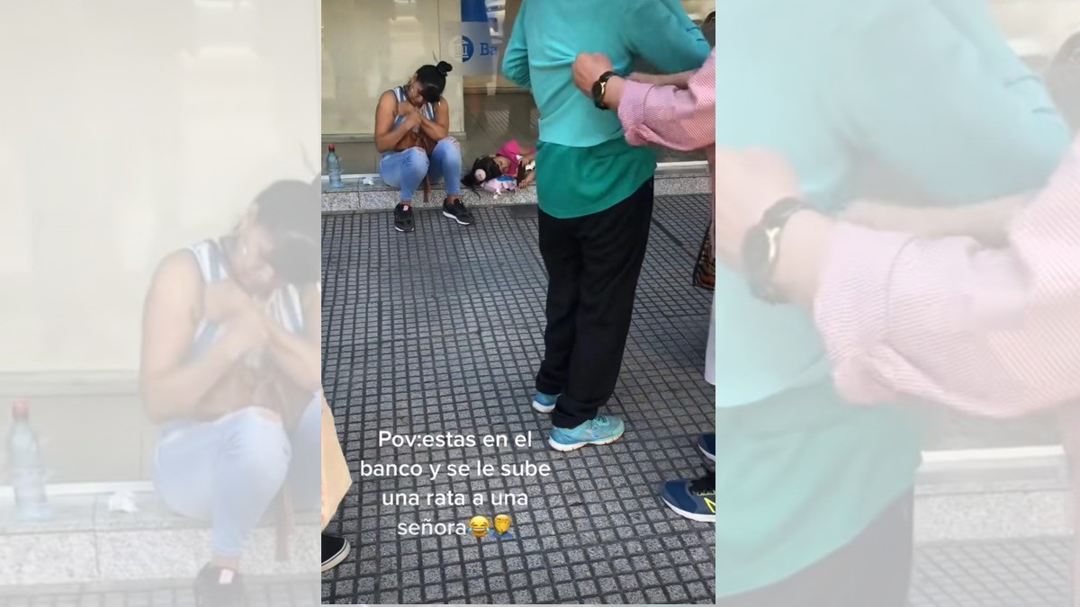 ¡Rata se le sube a señora en la fila del banco!
