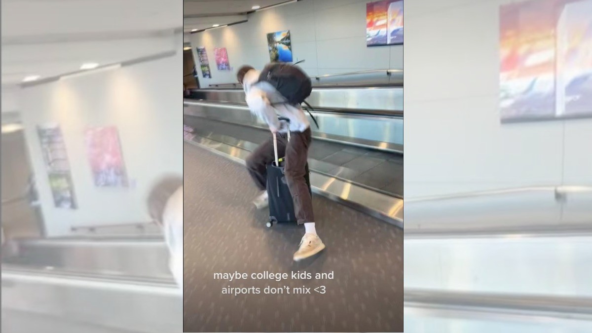 Joven choca con pasamanos de cristal en el aeropuerto y lo rompe