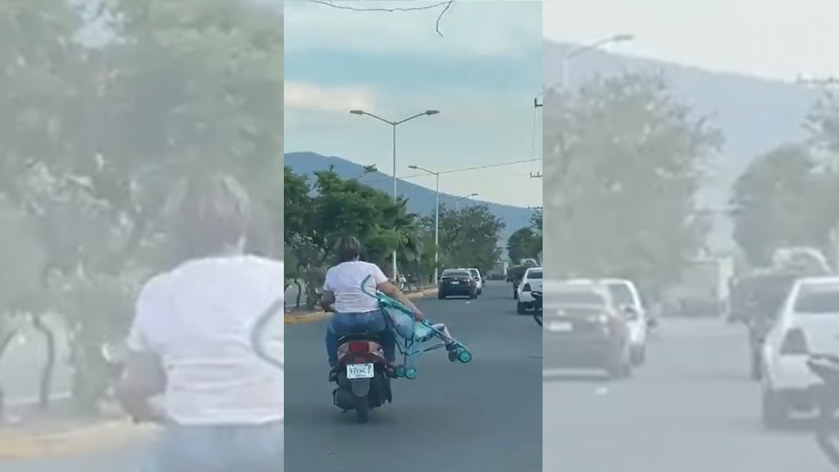 #Video Suben a su hija a la moto, ¡con todo y carriola!