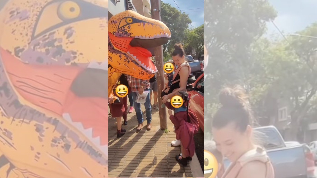 Abuelita se disfraza de dinosaurio para acompañar a su nieto a la escuela