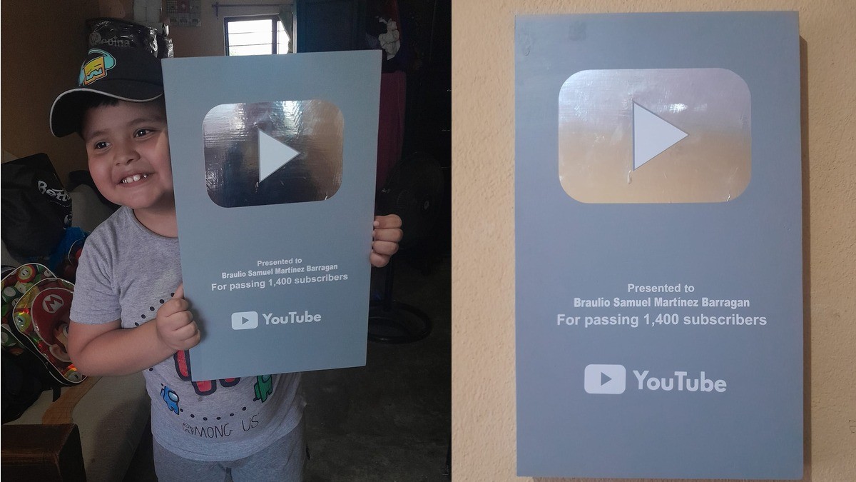 Papá le fabrica placa de YouTube por haber conseguido más de mil seguidores