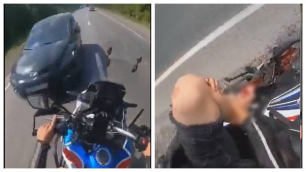 VIDEO. Motociclista rebasa sin precaución y él mismo graba cuando auto le destroza el pie