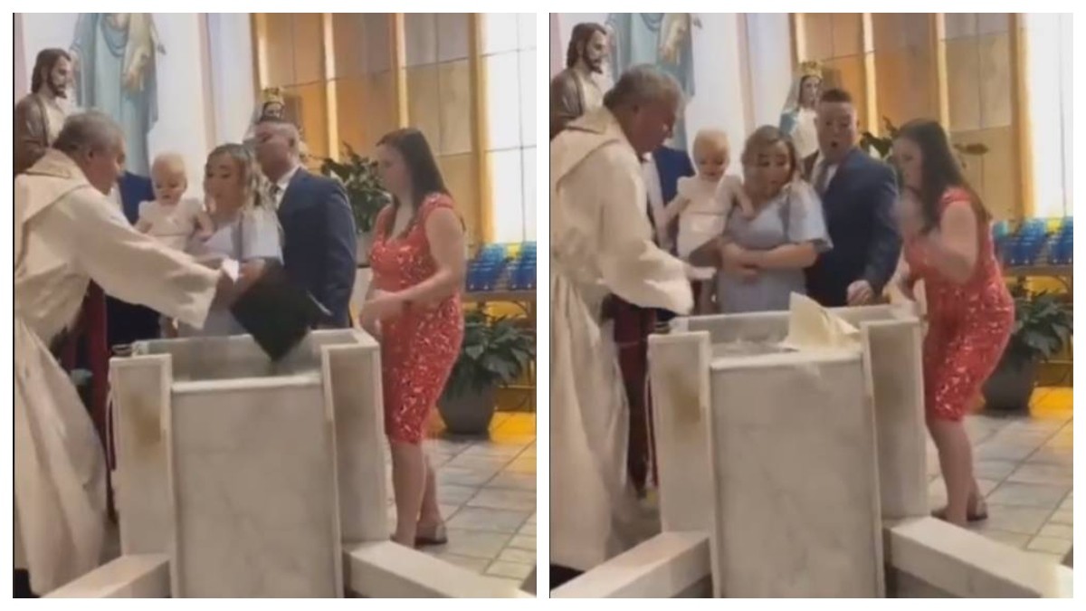 VIDEO Bebé enfurece el día de su bautizo y arroja la biblia al agua bendita