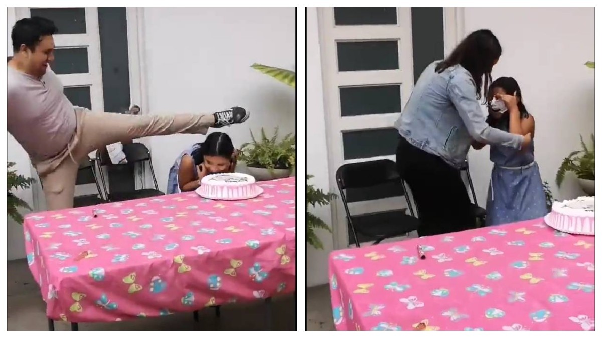 Papá avienta a su hija la cumpleañera al pastel con una patada e indigna en redes