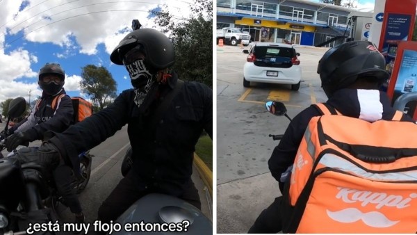 ¡Un ángel! Motociclista ‘dispara’ gasolina a repartidor que llevaba un rato sin pedidos