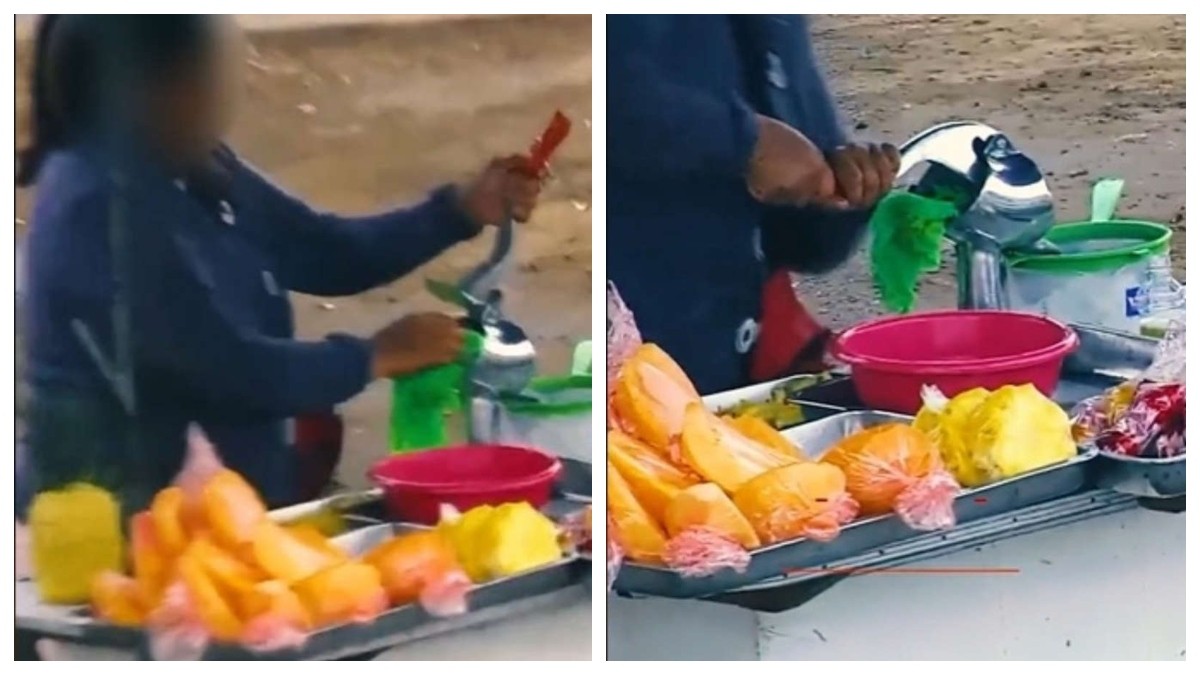 VIDEO Captan a señora exprimiendo trapo sucio para rellenar botellas de jugo de naranja