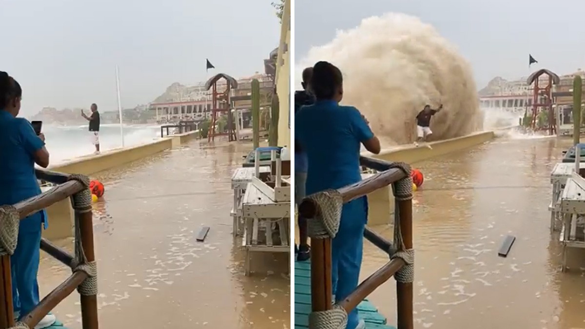 VIDEO: Captan cuando gigante ola se ‘traga’ a turista y testigos gritan alarmados