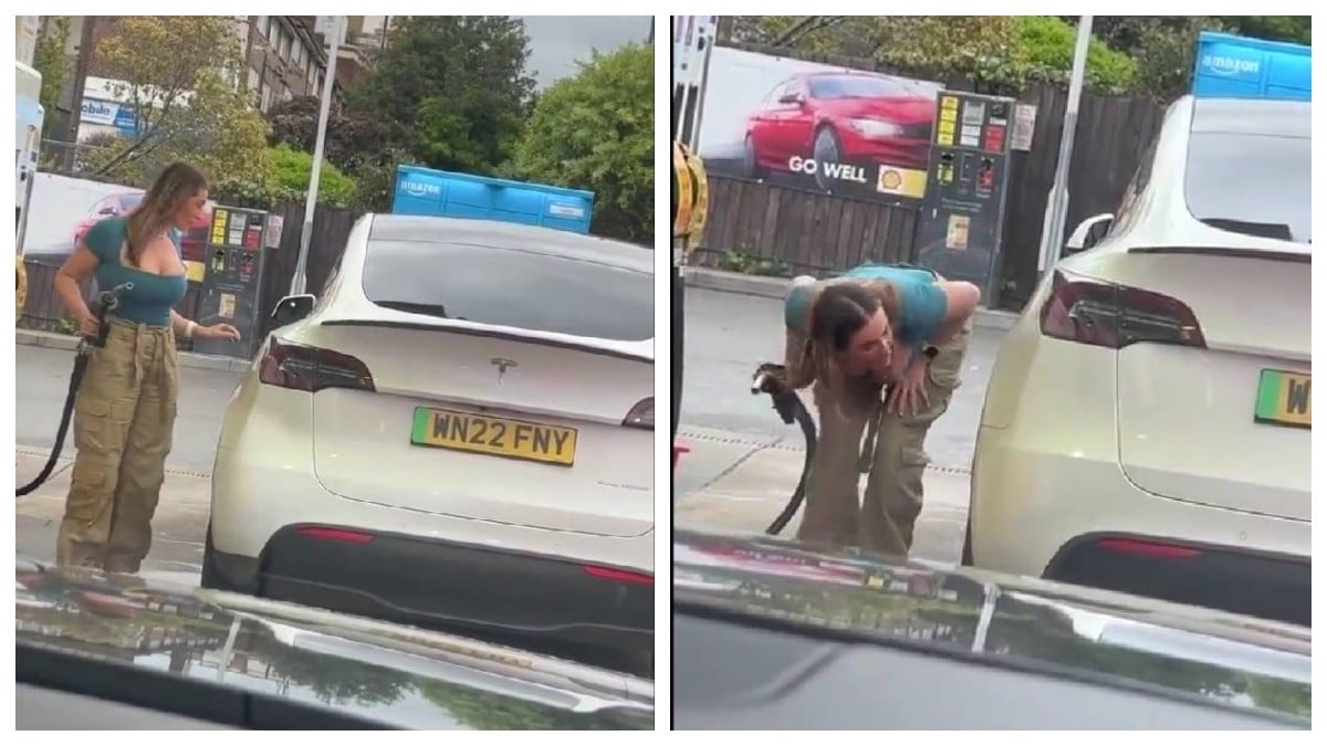 Captan a una mujer desesperada intentando cargar gasolina a su auto Tesla