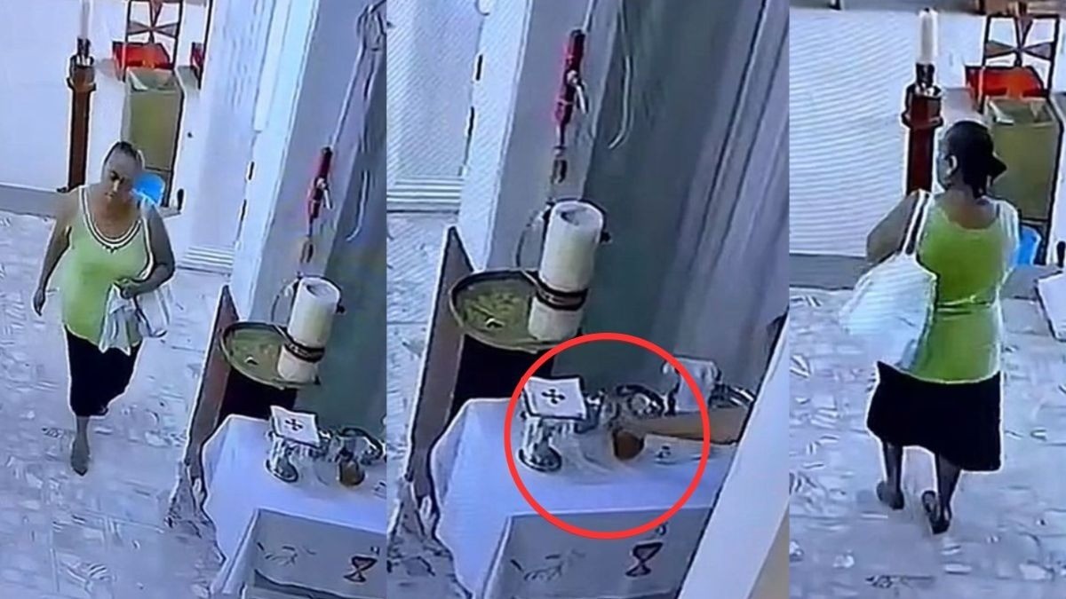 VIDEO En pleno altar, señora roba en templo los recipientes y el vino de consagrar