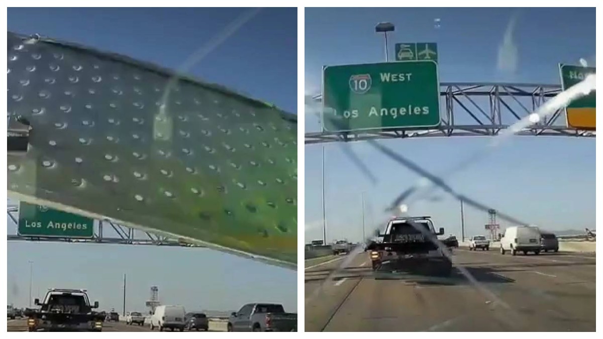 VIDEO Captan gran pieza de metal al estrellarse en parabrisas de auto en autopista