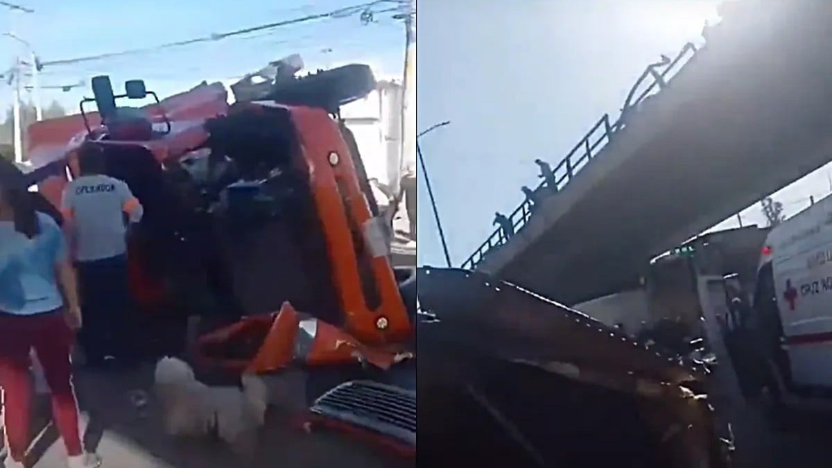 Tráiler cae de un puente y aplasta tres autos; hay 4 heridos
