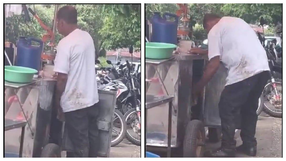 VIDEO Captan a vendedor de comida callejera orinando en jarra mientras atendía clientes