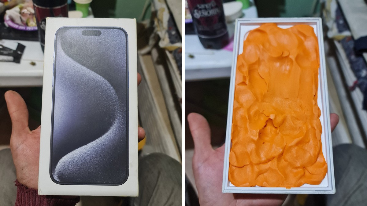 Por lo menos tiene pantalla flexible... Hombre pidió iPhone 15 y le entregan caja con plastilina