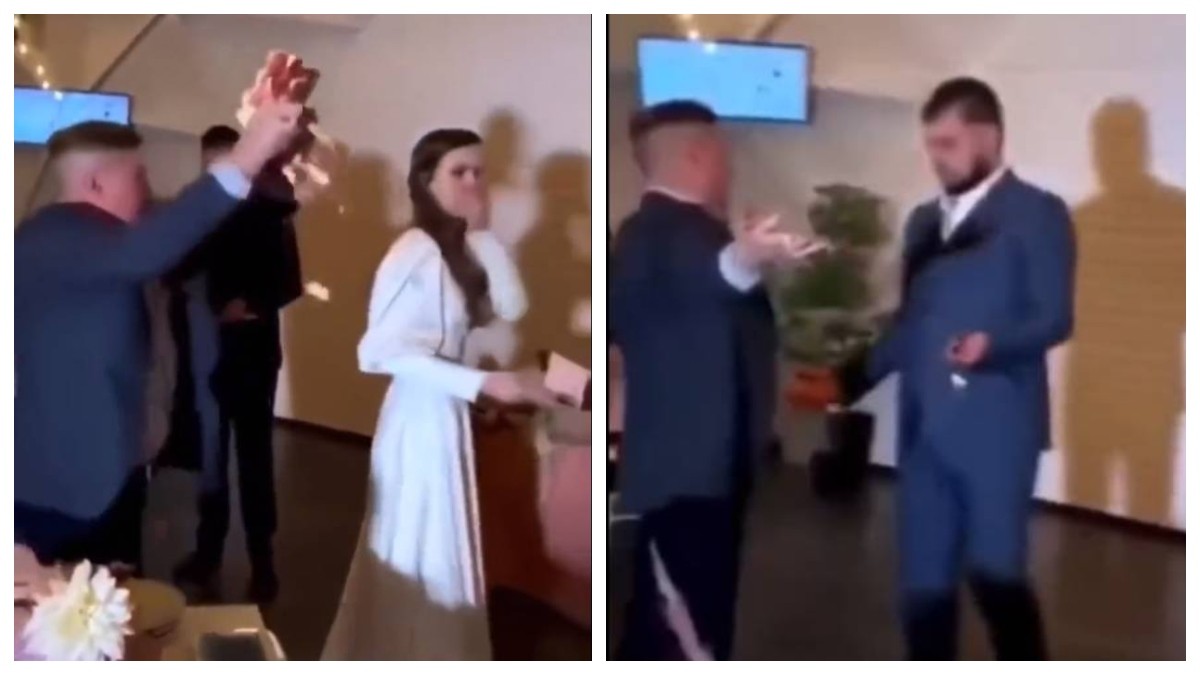 VIDEO Padrino arroja pastel de bodas a novio y novio lo noquea