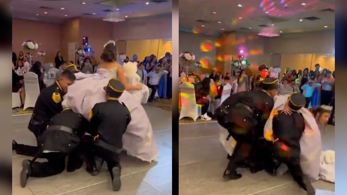 VIDEO Captan cuando chambelanes pierden fuerza y tiran a la quinceañera en pleno vals