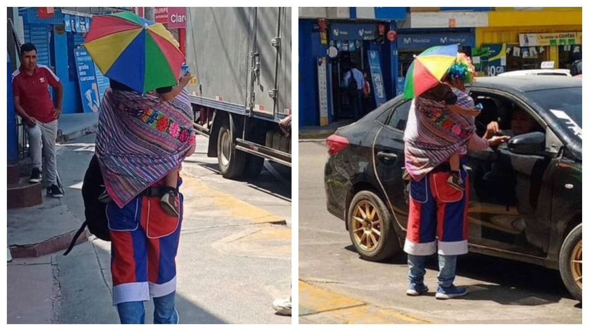 Conmueve papá payasito que carga con su hijo en la espalda para salir a vender dulces