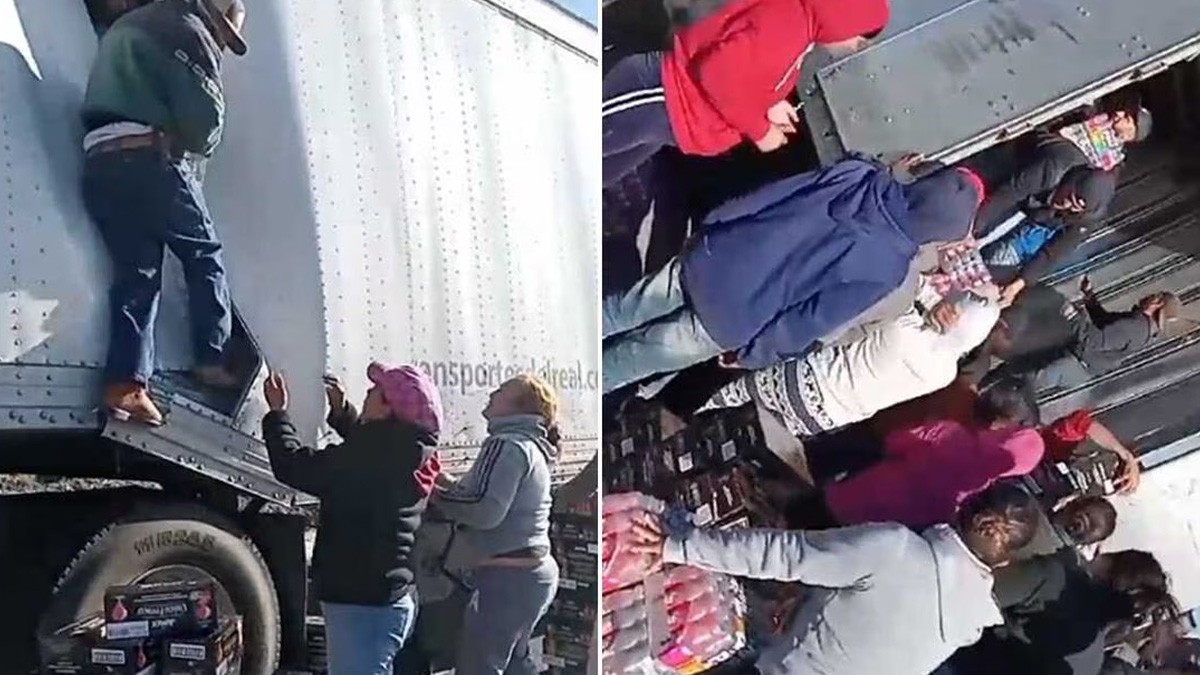 ¡Rapiña! Chofer se queda dormido y pobladores aprovechan para saquear su tráiler