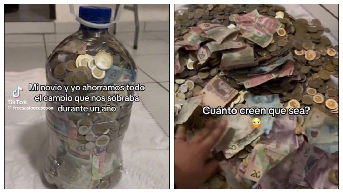 VIDEO Pareja rellena con monedas y billetes un garrafón de 10 litros y esto juntaron