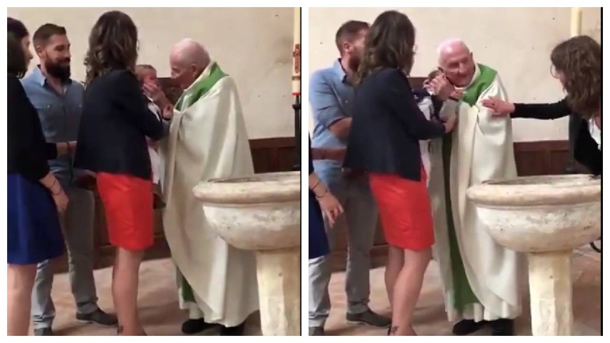 VIDEO Sacerdote se desquicia y le da tremenda cachetada al bebé que estaba bautizando