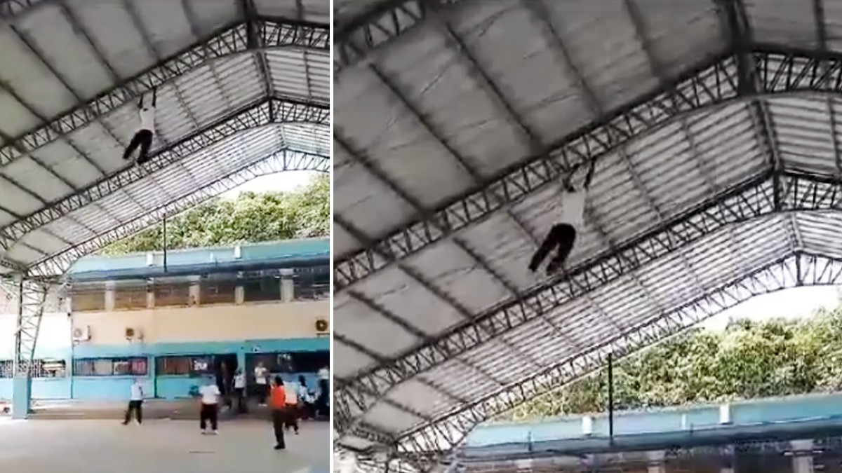 VIDEO Alumno se descuelga de estructura y termina con las dos piernas rotas