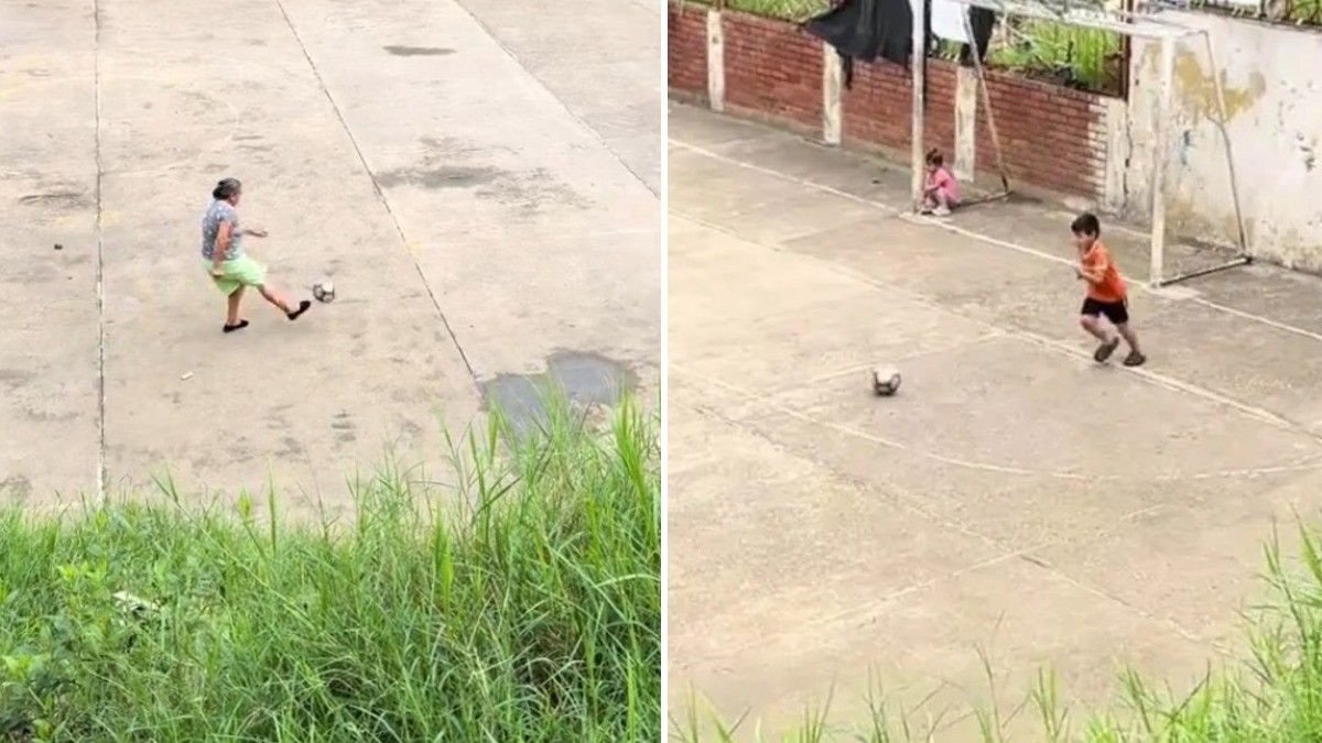 VIDEO 'Maradoña', la abuelita que se hizo viral por jugar futbol con su nieto y en falda