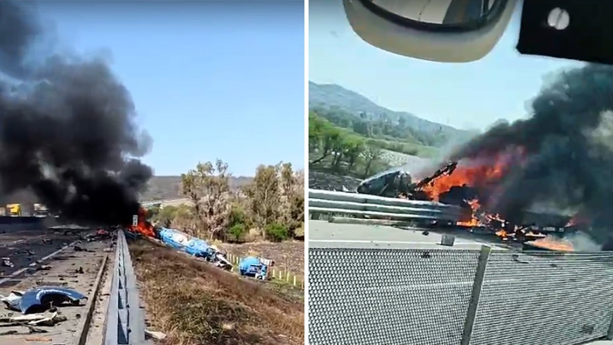 VIDEO Trailero leonés muere en aparatosa volcadura que terminó en un fuerte incendio