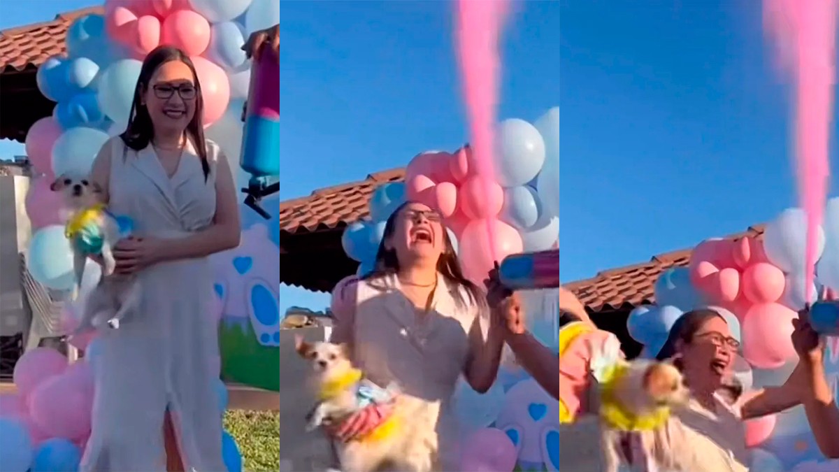 VIDEO Mujer se emociona al conocer el sexo de su bebé que avienta al perrito que cargaba