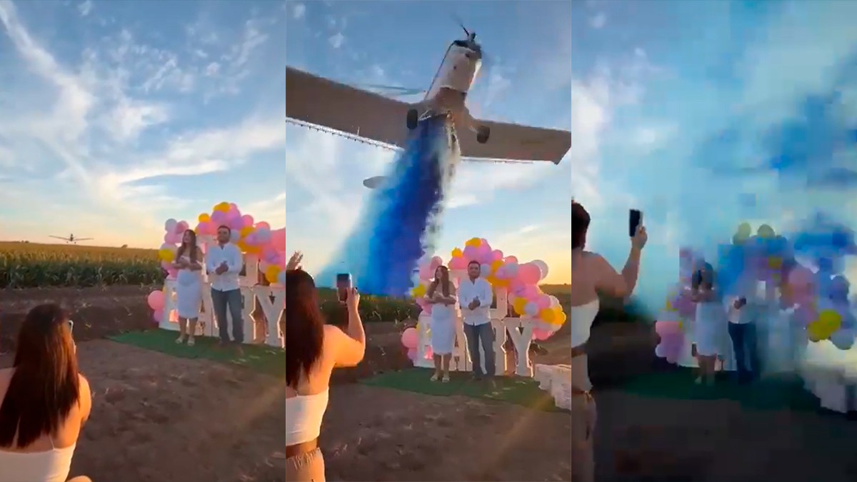 VIDEO Avioneta contratada para revelación de sexo, casi atropella a los papás del bebé