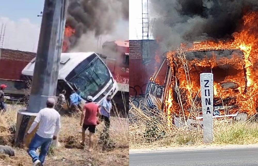 VIDEO Captan cuando tren impacta a camión con pasajeros y termina en llamas