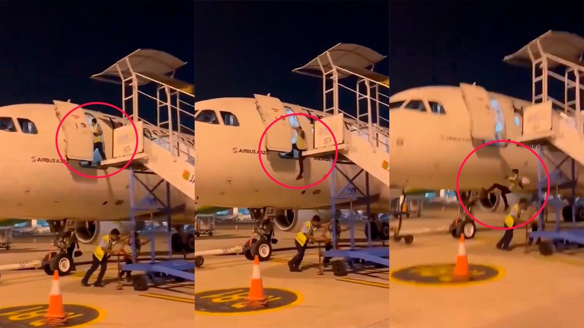 VIDEO Trabajador de aeropuerto cae desde la puerta de avión, ¡le quitaron la escalera!