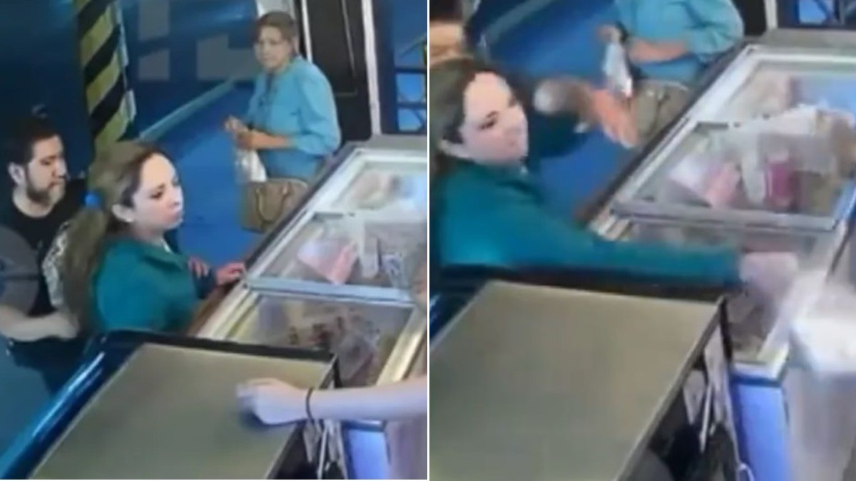 VIDEO Mujer causa destrozos en heladería, golpea a empleada y al novio ¡por celos!