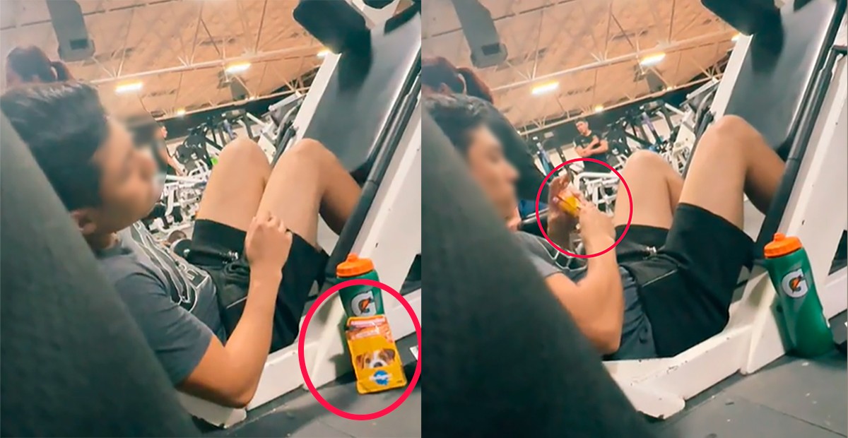 VIDEO Graban a joven el gimnasio comiendo un sobre de ¿comida para perro?