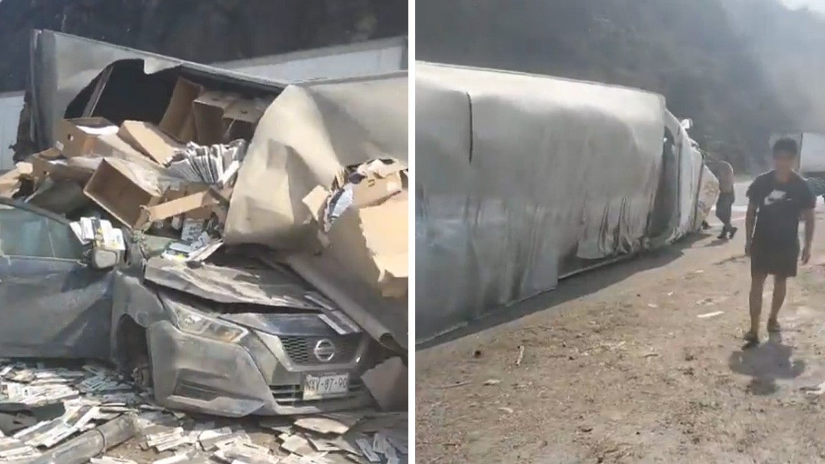 VIDEO Matrimonio viajaba en la carretera cuando caja de un tráiler aplasta su coche