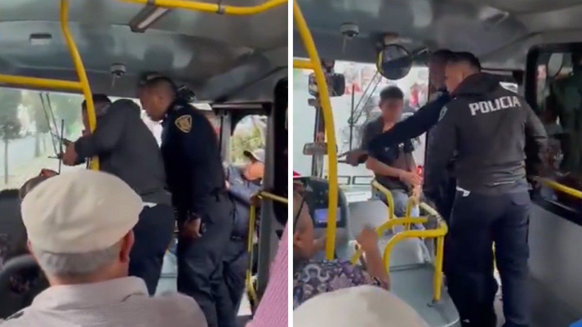 VIDEO Captan a policías que suben a camión urbano y golpean al chofer