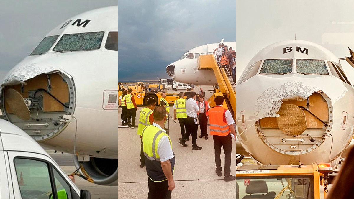 Tormenta de granizo destruye la trompa de un avión en pleno vuelo, aterrizó de emergencia