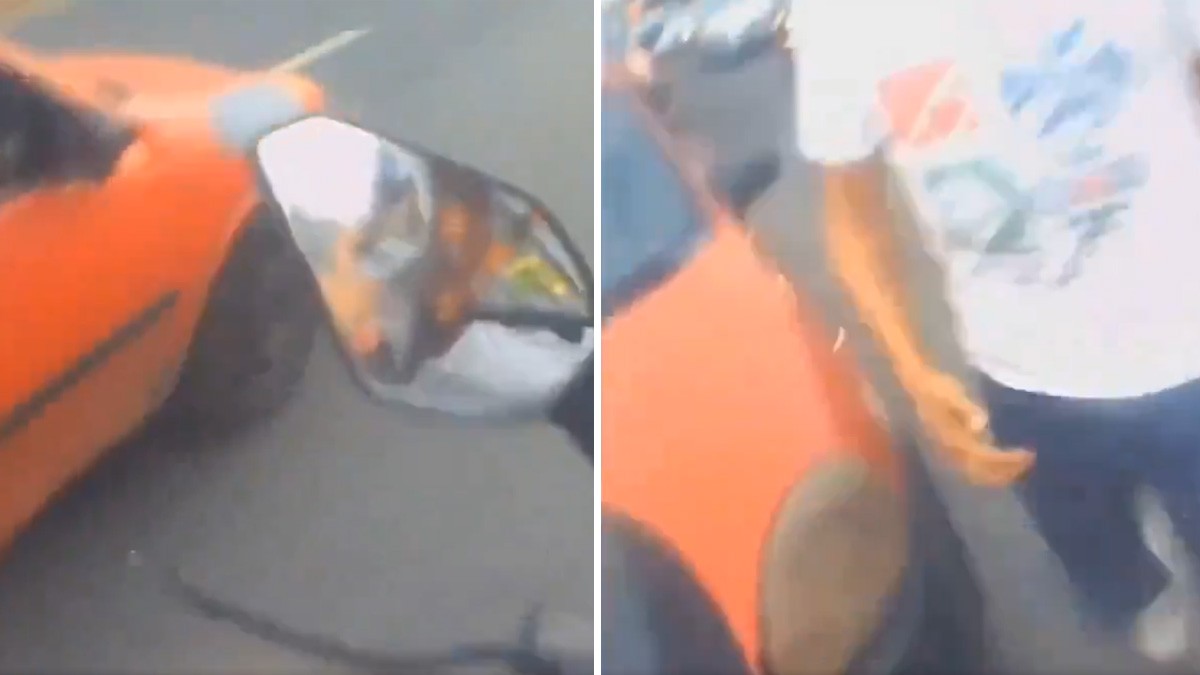 VIDEO Conductor invade carril de motociclista y todavía lo persigue para golpearlo
