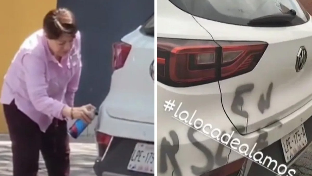 VIDEO Hombre se estaciona afuera de una casa y mujer pinta su camioneta con aerosol