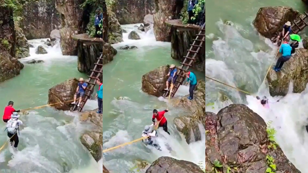 VIDEO Pareja muere ‘tragada’ por una cascada al intentar cruzar con una cuerda