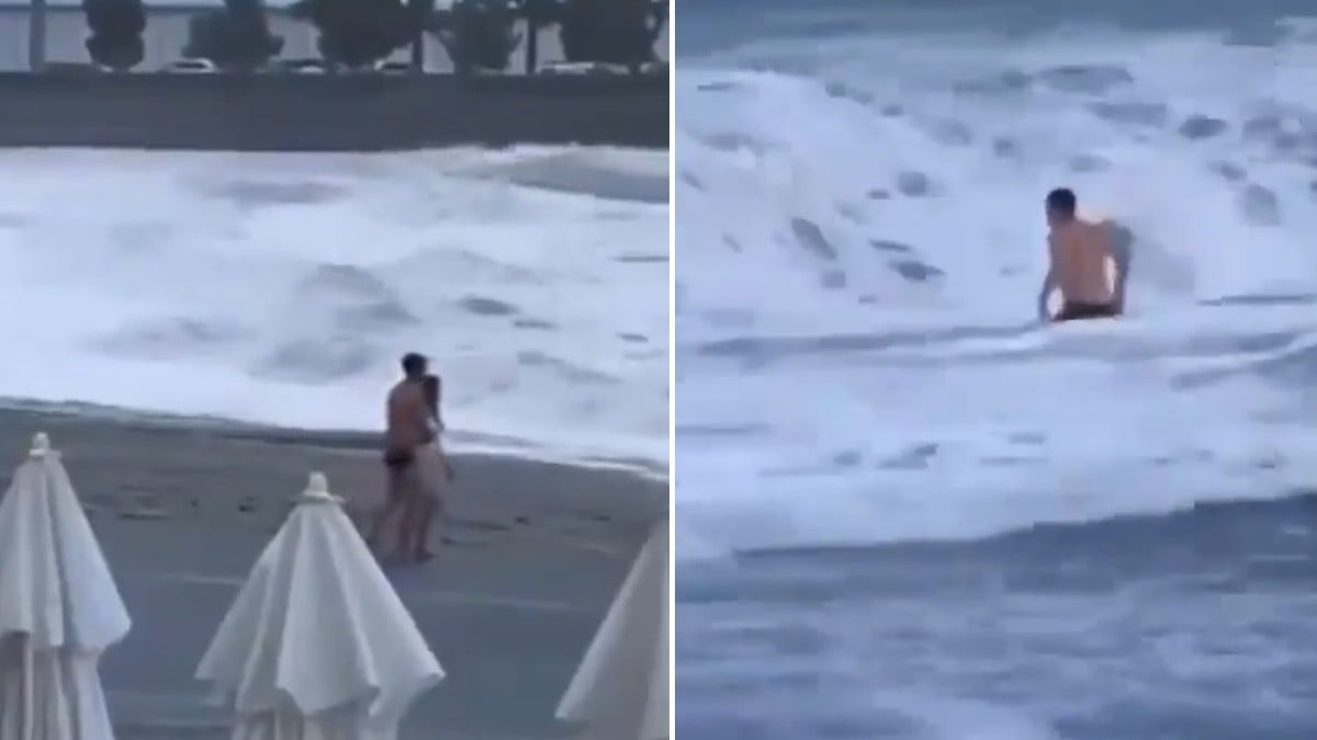 VIDEO Pareja paseaba en la playa cuando de repente enormes olas se llevaron a una joven