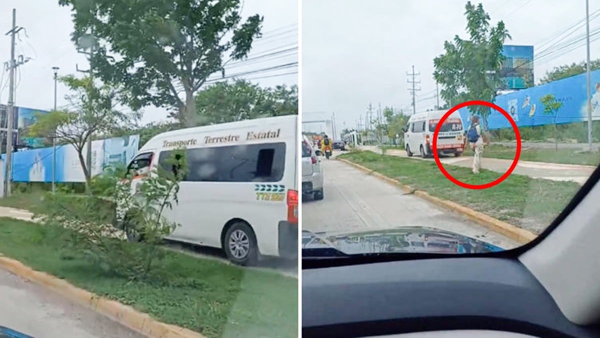 VIDEO Camioneta del transporte público se va por la banqueta para evadir el tráfico