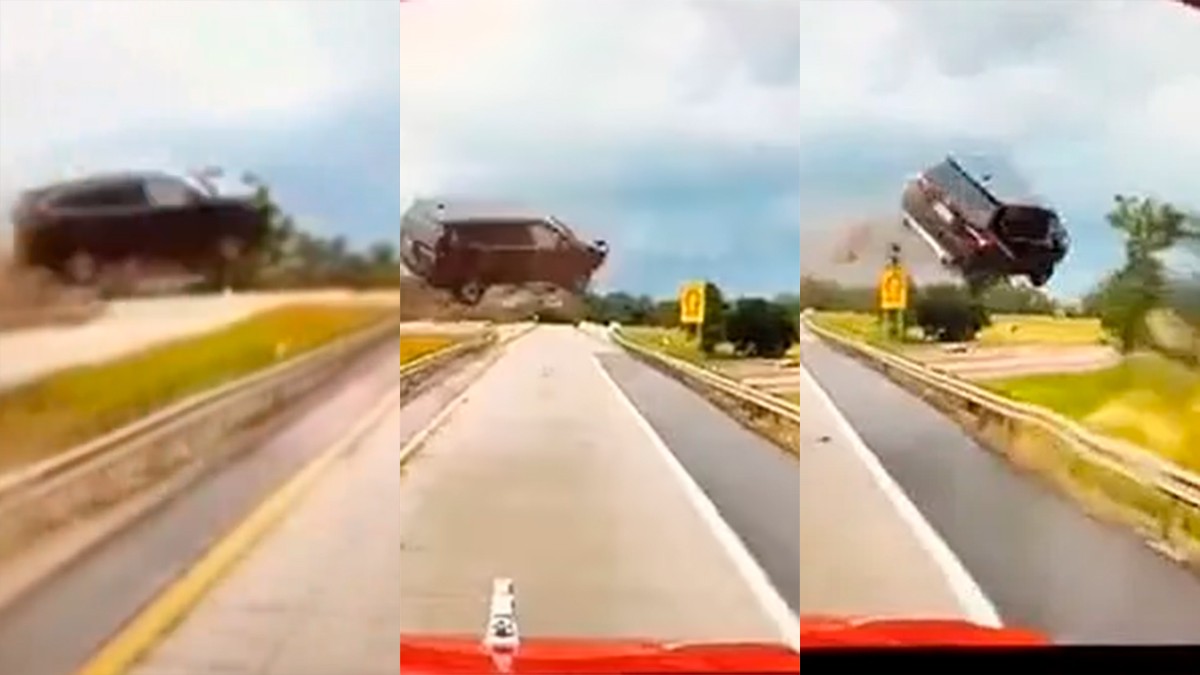 VIDEO Trailero graba el momento justo en el que vuela una camioneta frente a él en la autopista