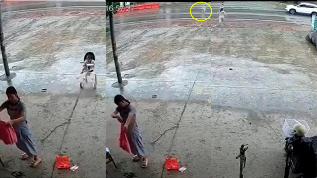 VIDEO Bebé en carriola sale disparado rumbo a bulevar mientras su mamá tendía la ropa