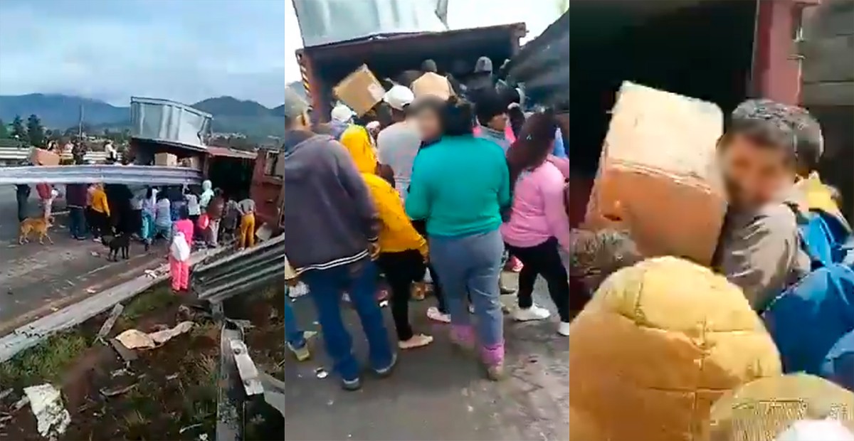 VIDEO Camión vuelca en la carretera, pobladores hacen rapiña con el chofer aún prensado