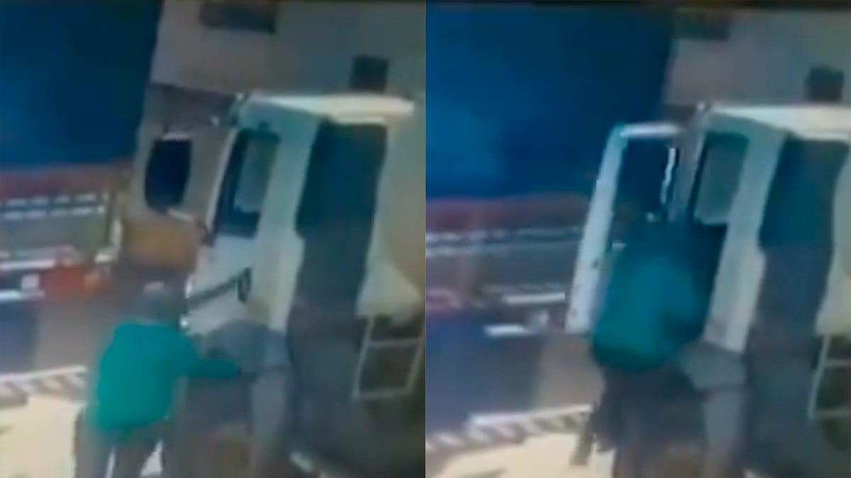 VIDEO Captan cuando camión prensa a hombre, al echarse en reversa