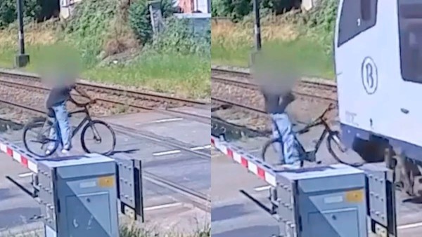 VIDEO Joven ciclista se salva de milagro de ser arrollado por el tren y todo quedó grabado