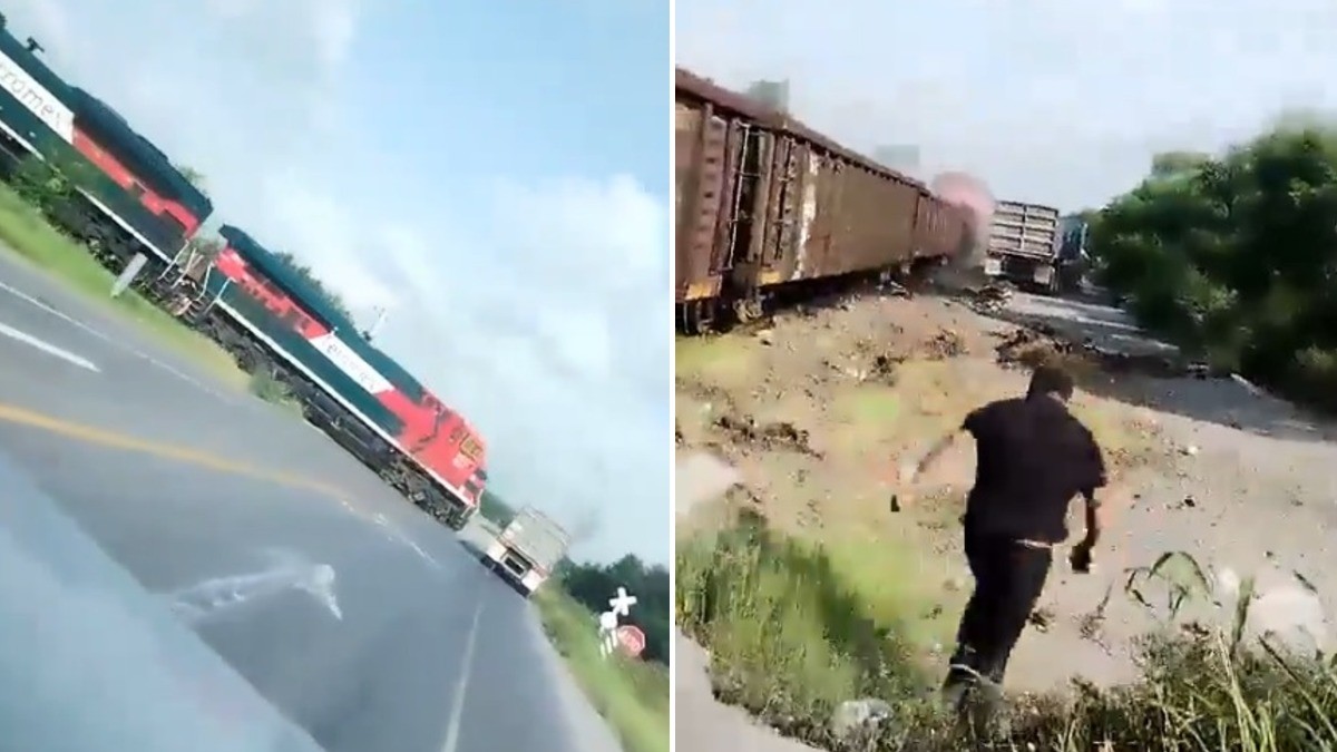 VIDEO Captan el momento en que tráiler intenta ganarle el paso a tren y es impactado
