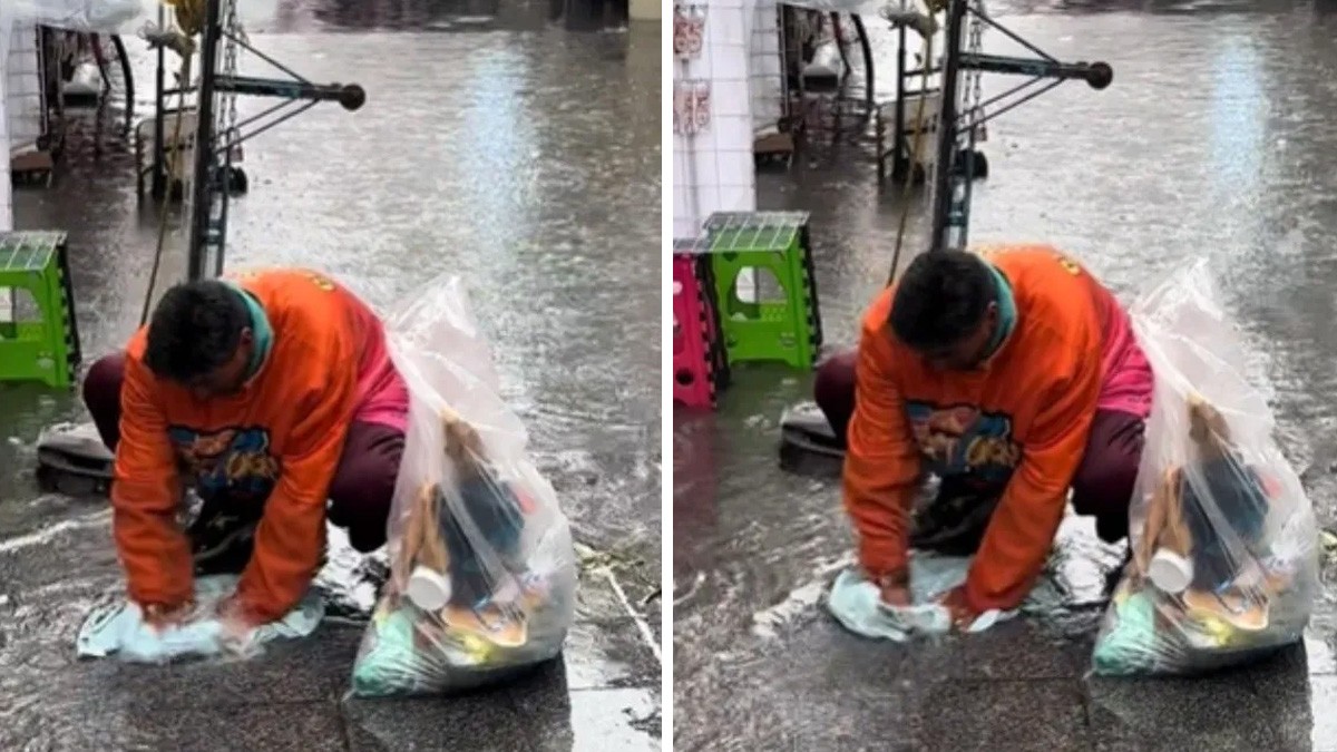 VIDEO ¡Aprovechó la tormenta! Captan a hombre lavando la ropa con agua de lluvia